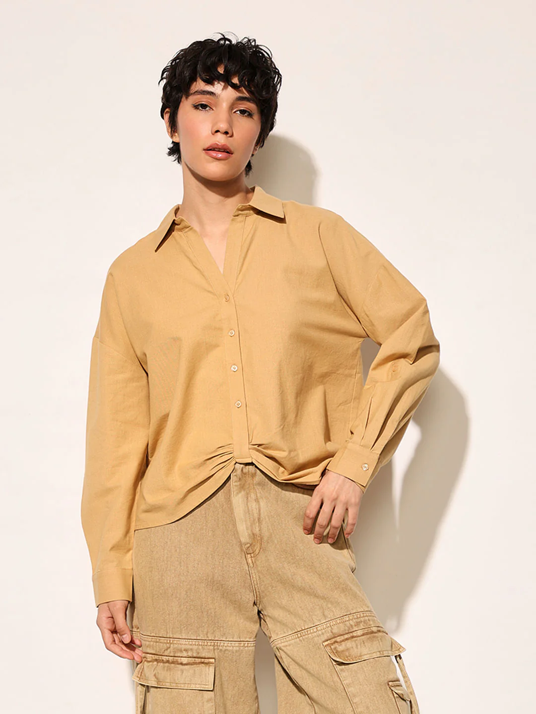 Brown Front Gathered Detail Shirt - Image 3