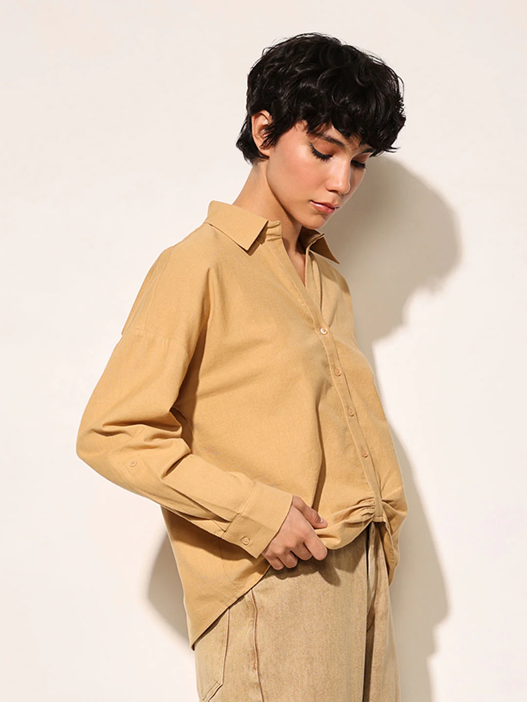 Brown Front Gathered Detail Shirt - Image 5