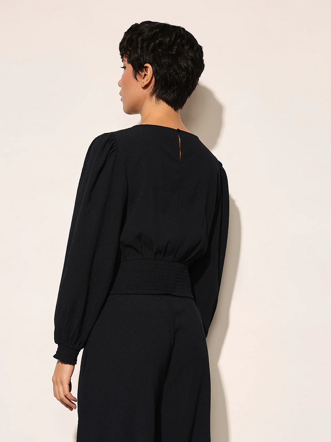 Dark Navy Smocked Crinkle Jersey Top - Image 6