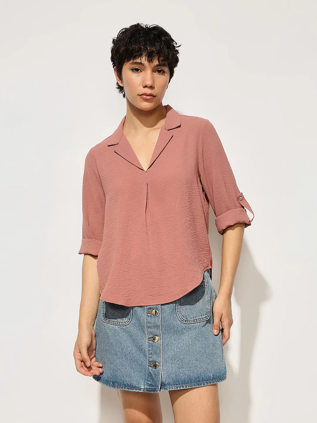 Pink Textured Resort Collar Top - Image 3