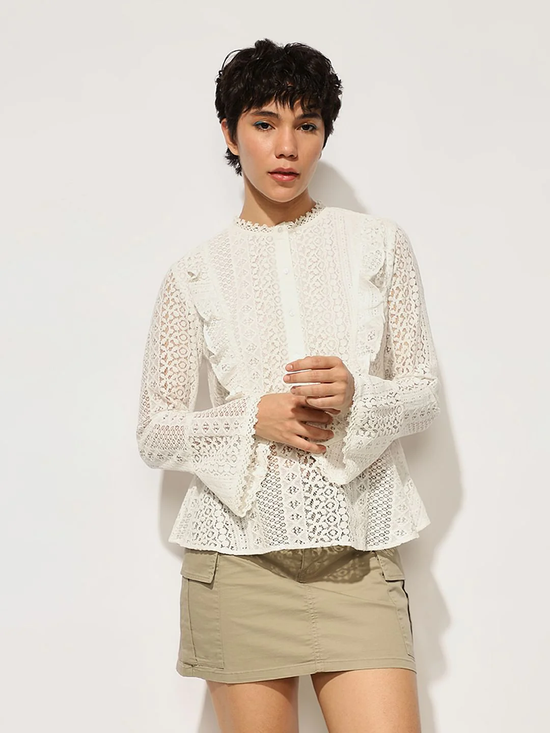 White Frill Trim Lace Peplum Top - Image 3