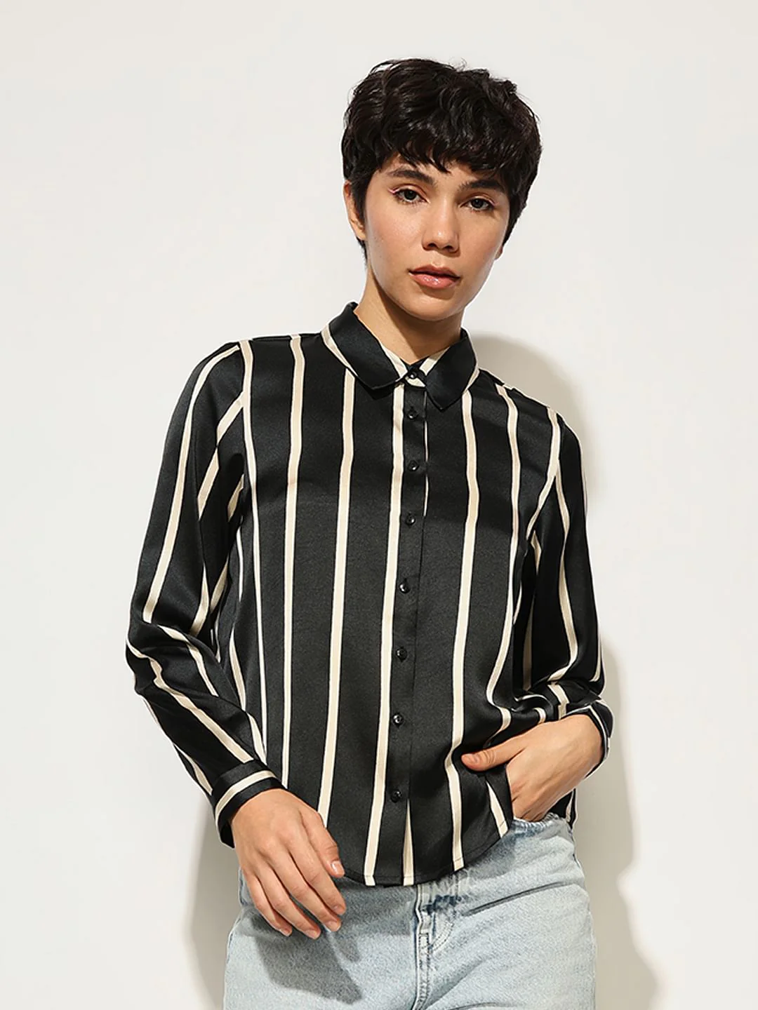 Black Striped Satin Shirt - Image 3