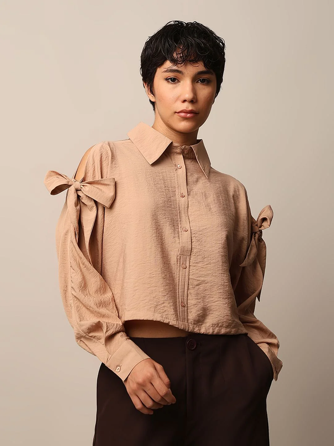 Brown Bow Knot Detail Shirt - Image 3