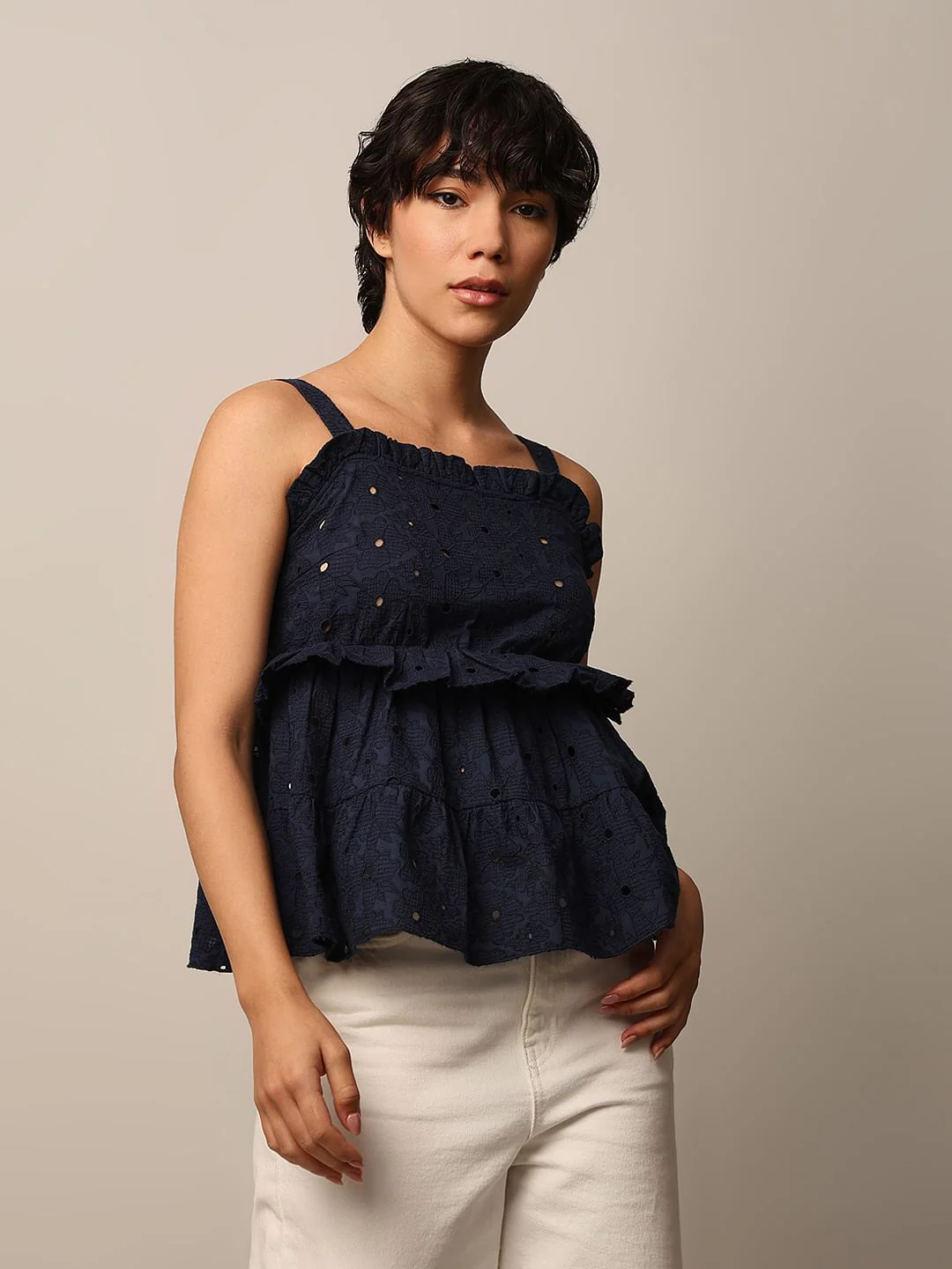 Dark Blue Strap Embroidered Top - Image 3