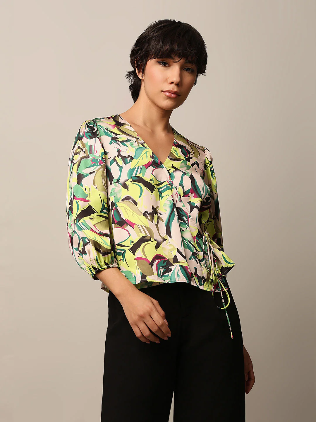 Green Floral Print Satin Wrap Top - Image 3