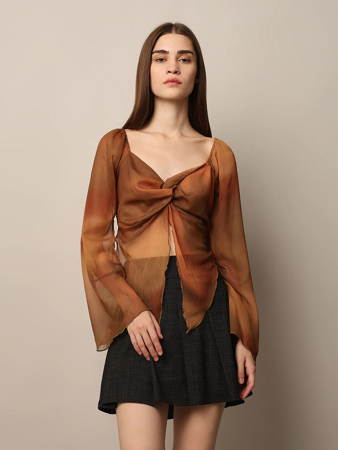 Brown Knot Detail Chiffon Top - Image 3