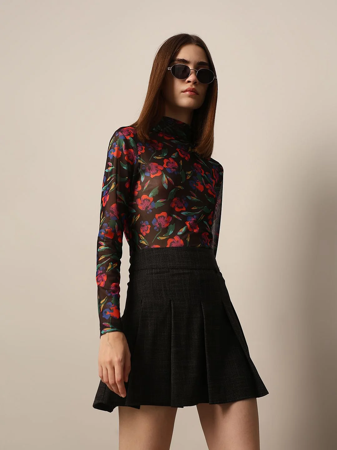 Black Printed Fitted Mesh Top