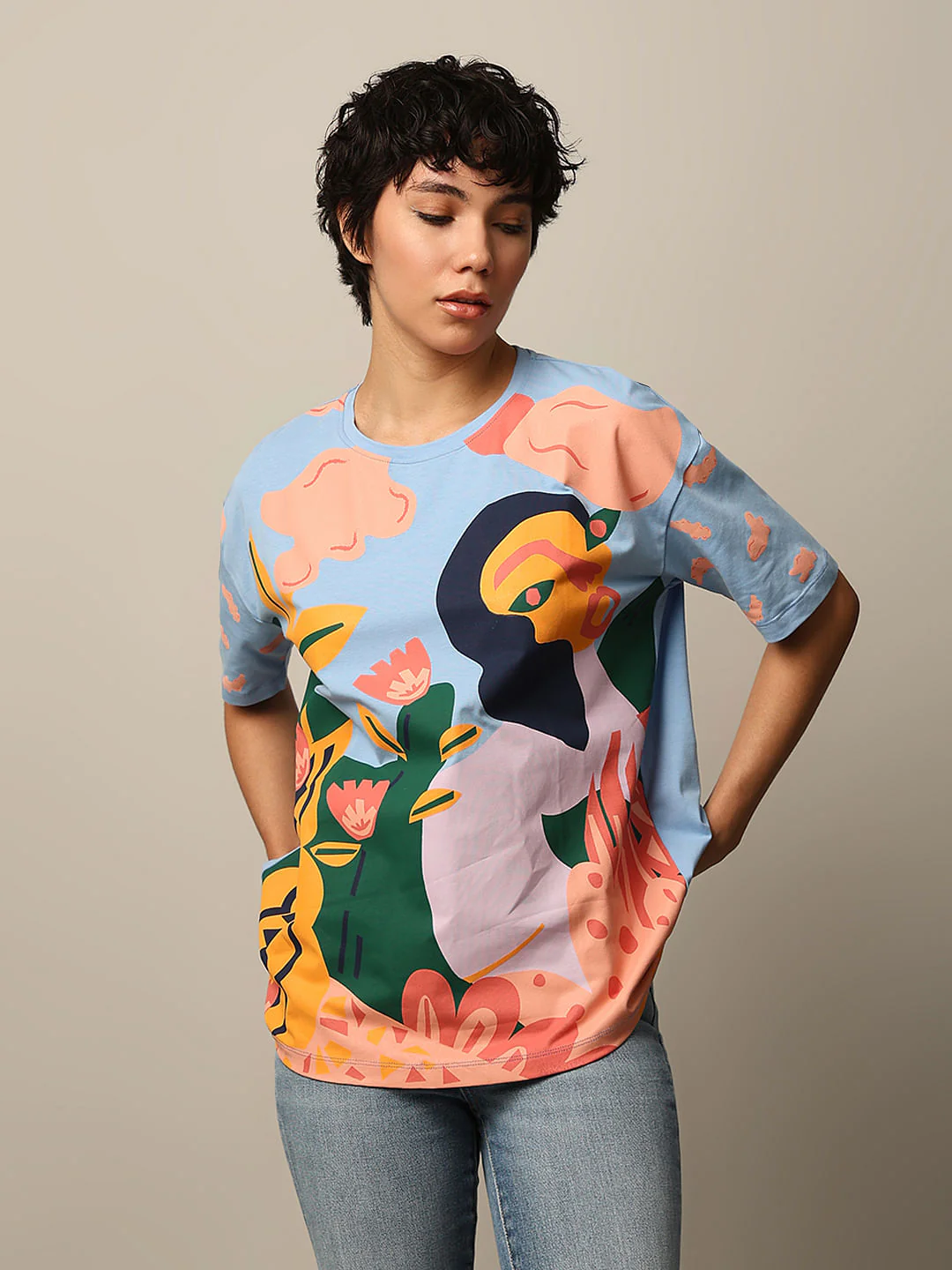 Blue Printed Cotton T-Shirt - Image 3