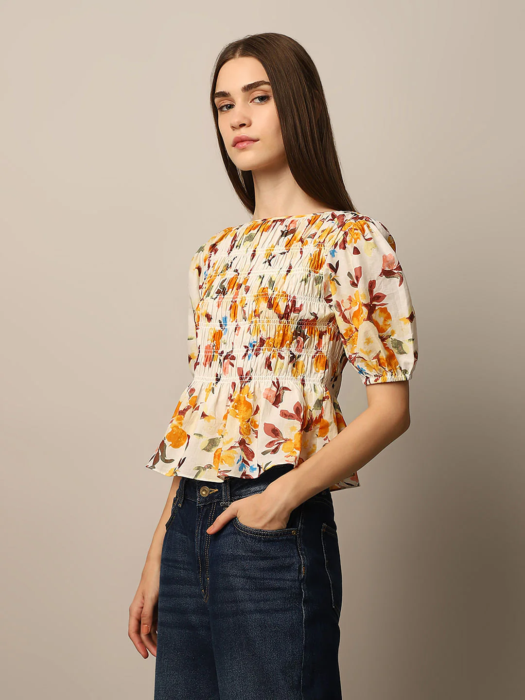 White Floral Print Smocked Top - Image 5