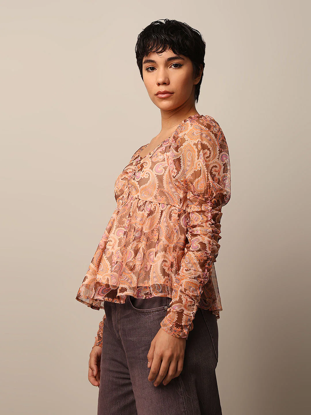 Brown Printed Mesh Top - Image 5