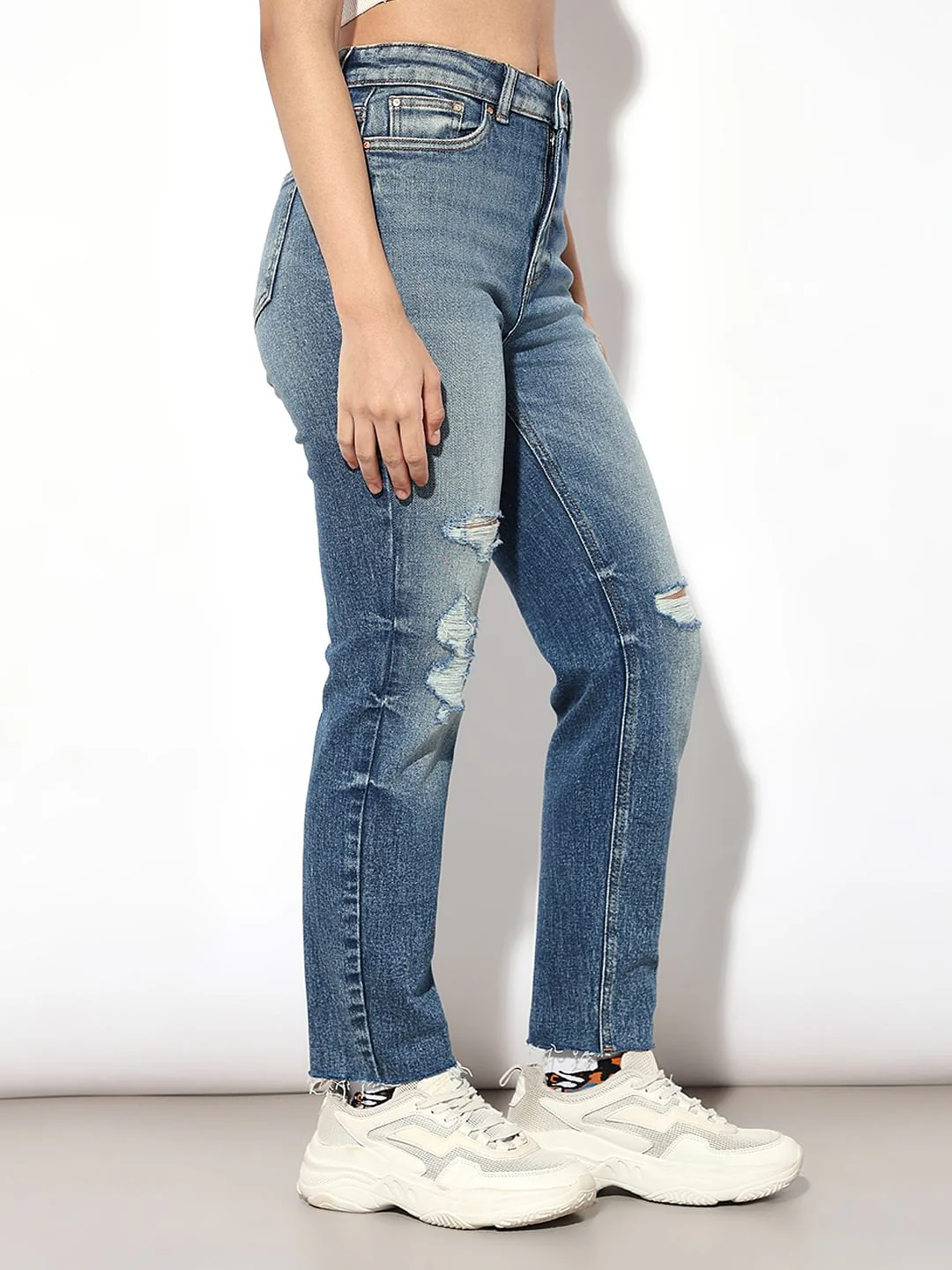Blue High Rise Distressed Jeans - Image 4