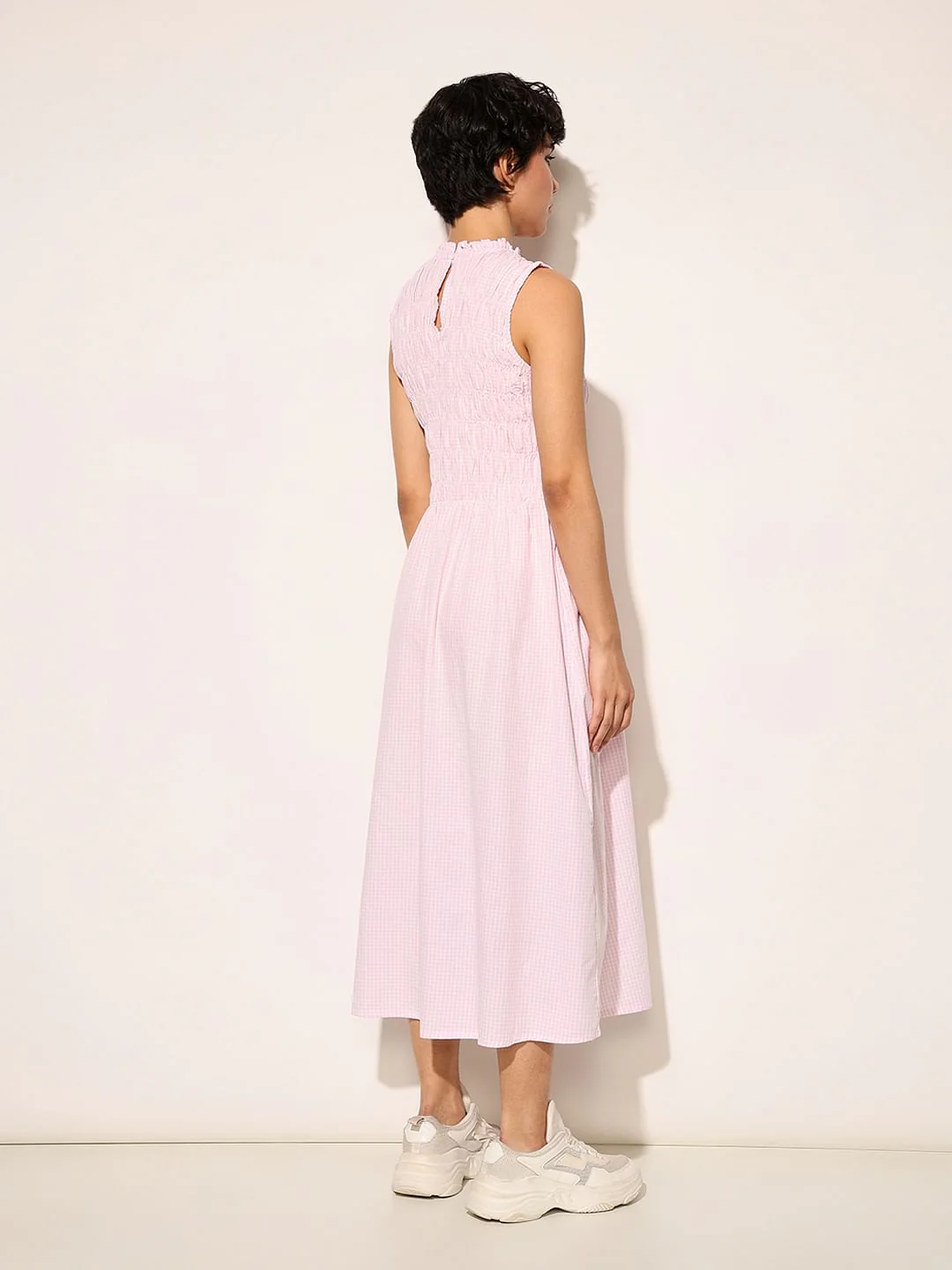 Pink Check Sleeveless Midi Dress - Image 5