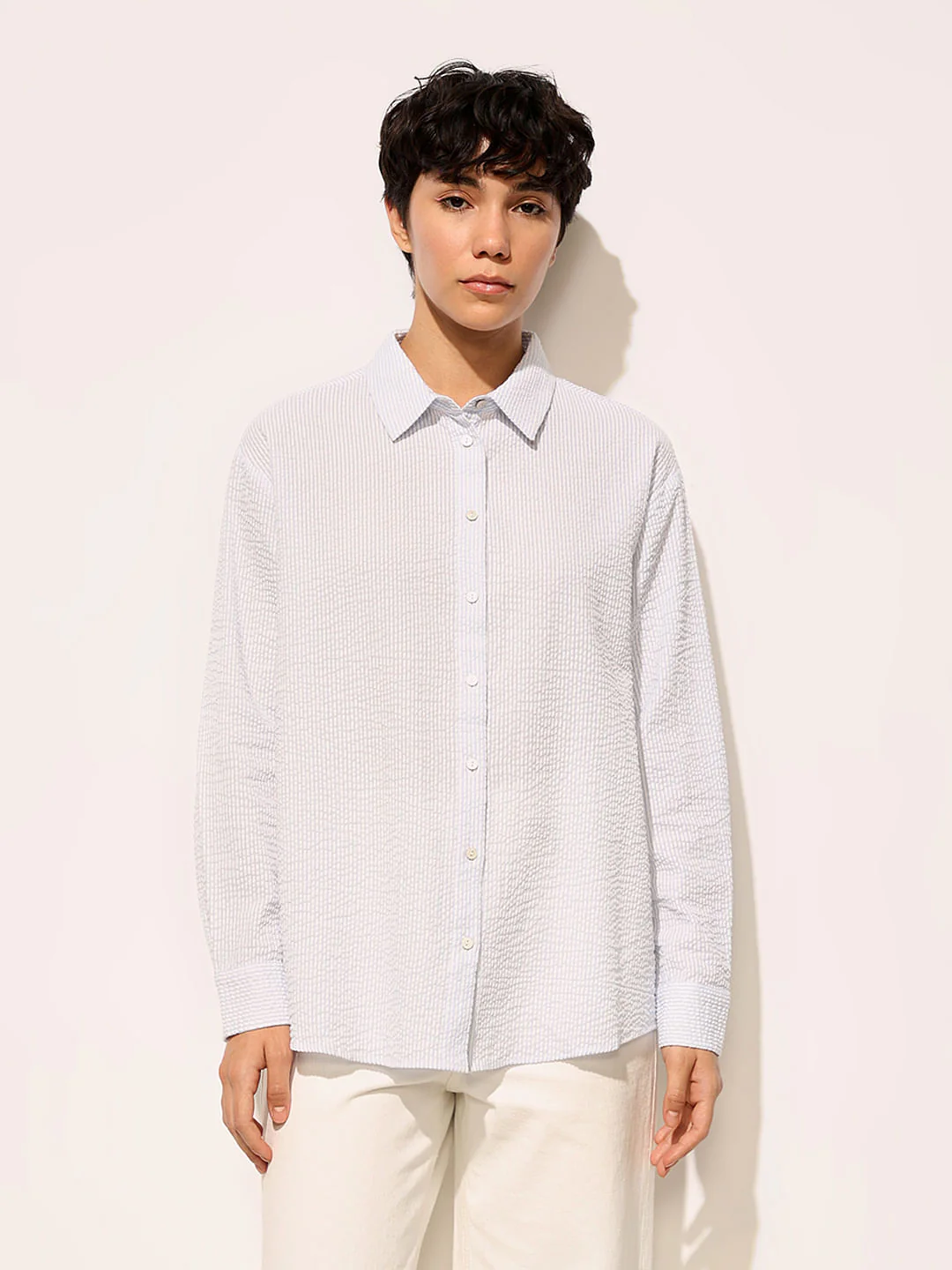 Light Blue Seersucker Cotton Shirt - Image 3