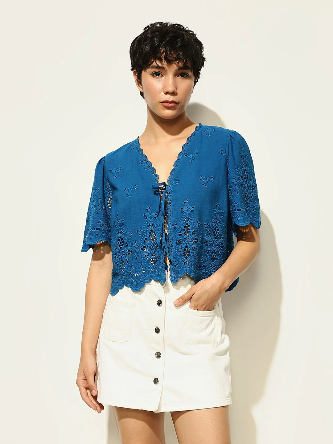 Blue Self-Embroidered Cotton Top - Image 3