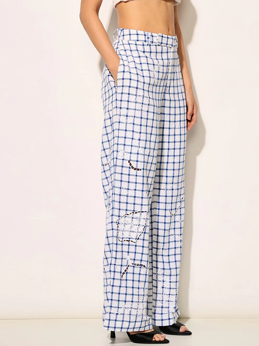 White & Blue Embroidered Pants - Image 3