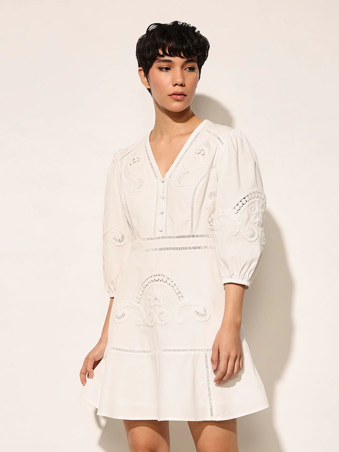 White Schiffli Embroidered Mini Dress - Image 3