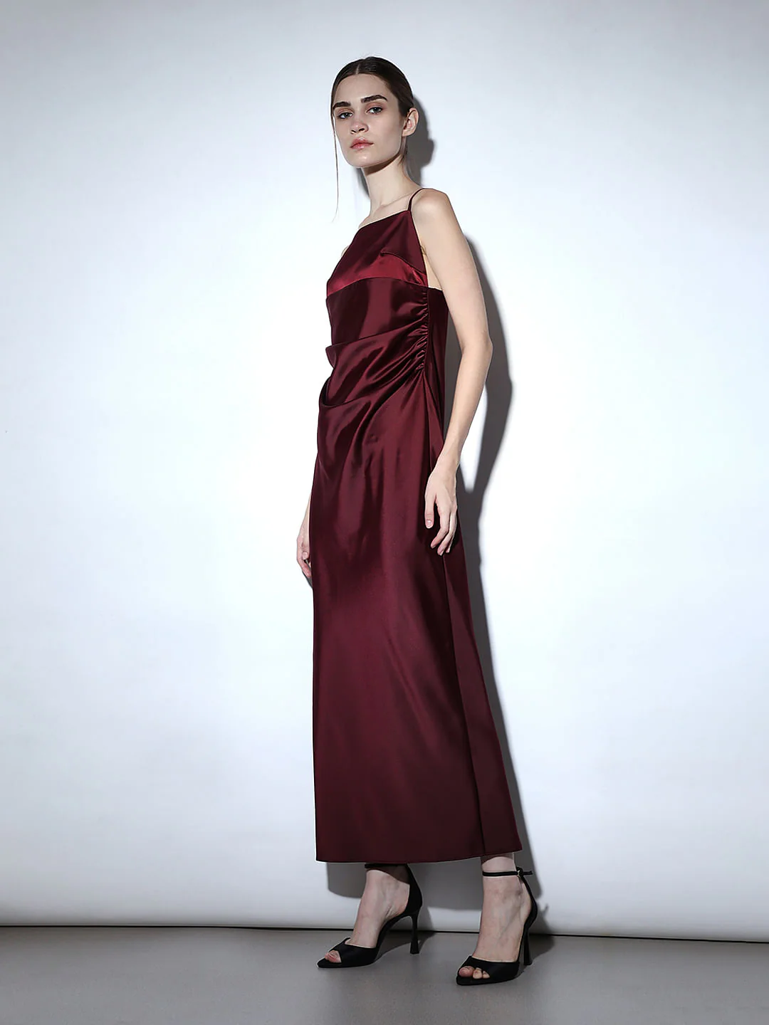 Maroon Satin Strappy Maxi Dress - Image 4