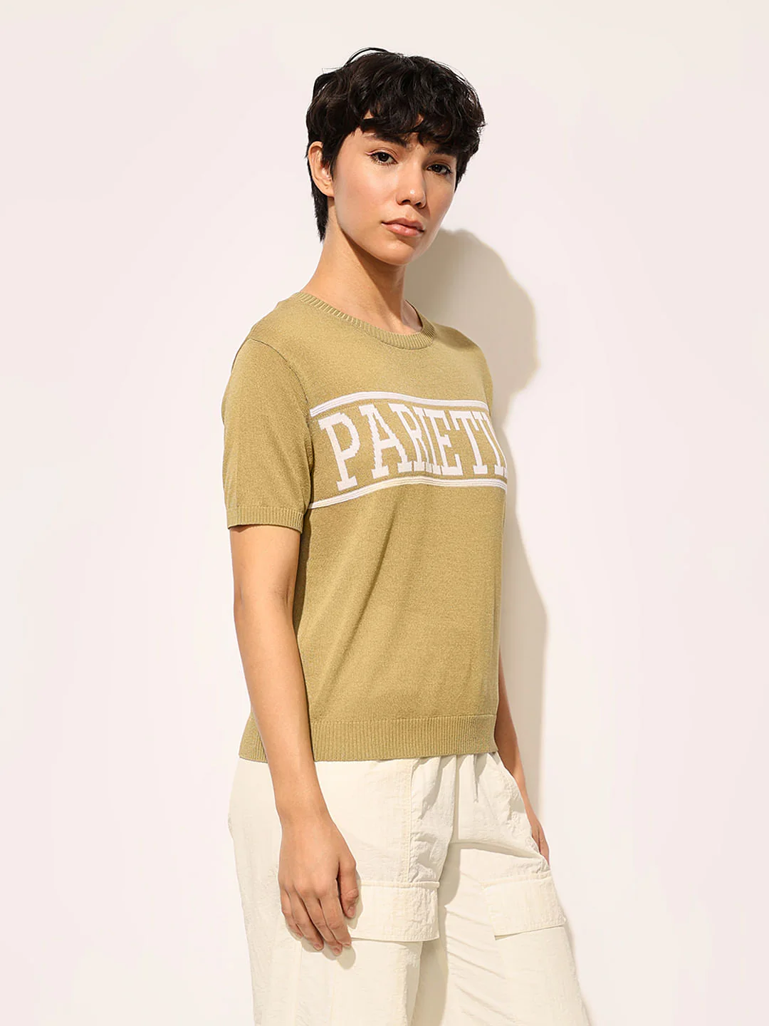 Khaki Sheer Knit Printed Pullover - Image 5