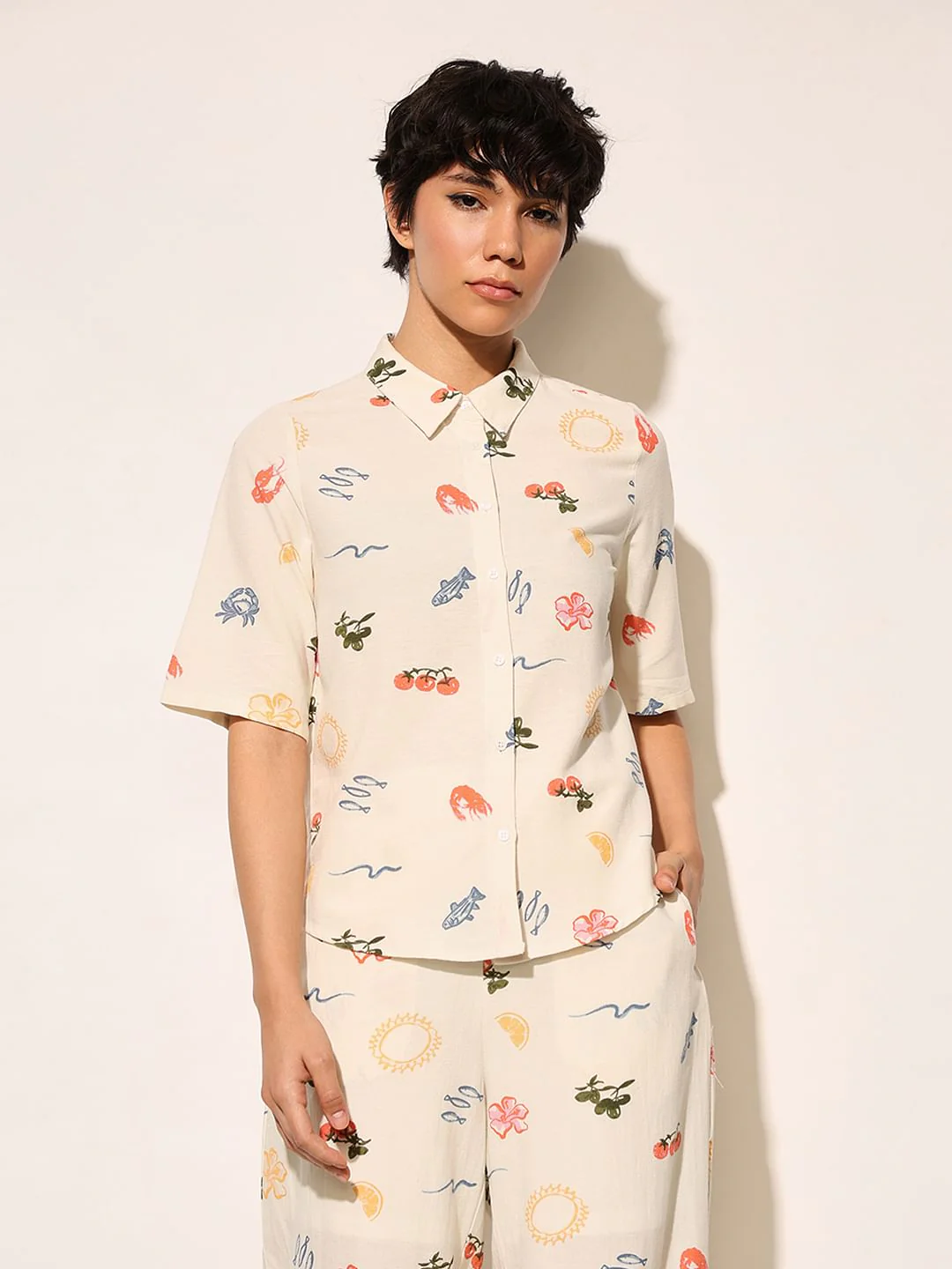 White Printed Co-Ord Set Shirt - Image 3