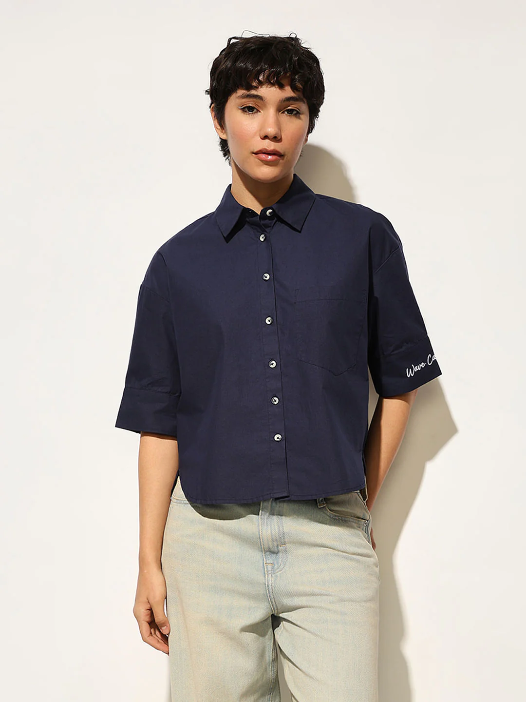 Navy Blue Poplin Boxy Style Shirt - Image 3