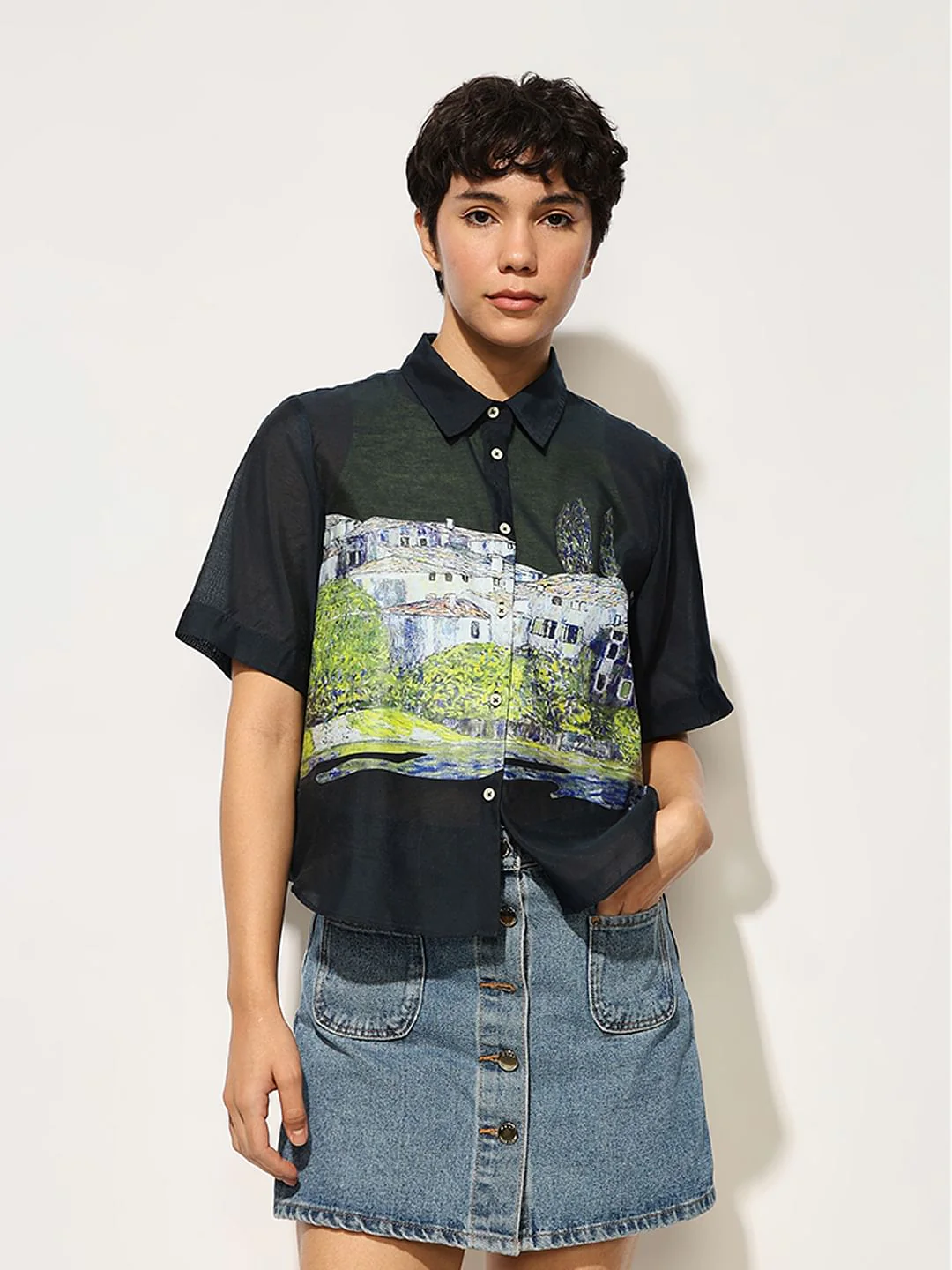 Navy Sheer Printed Shirt - Image 3