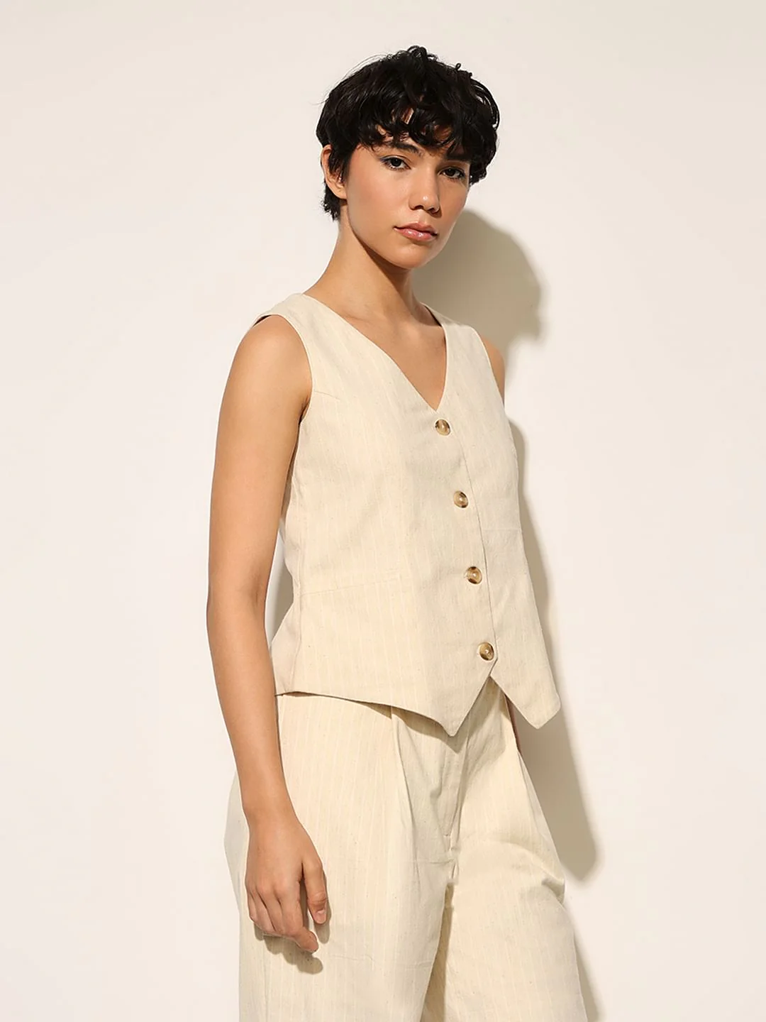 Beige Striped Co-Ord Set Waistcoat - Image 5