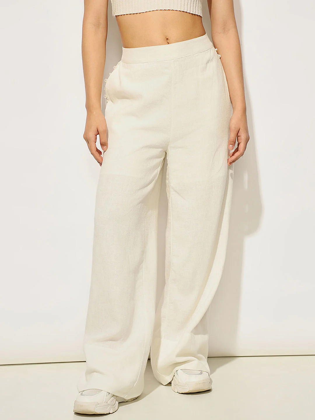 White Linen Pull On Pants - Image 2