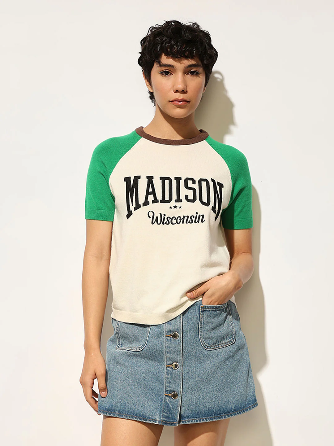 Cream Printed Knitted T-Shirt - Image 3