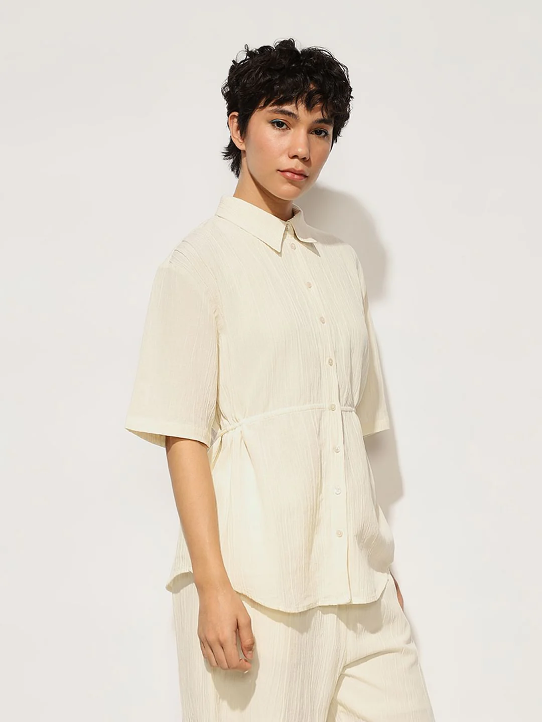 Cream Drawstring Cotton Co-Ord Set Shirt - Image 6