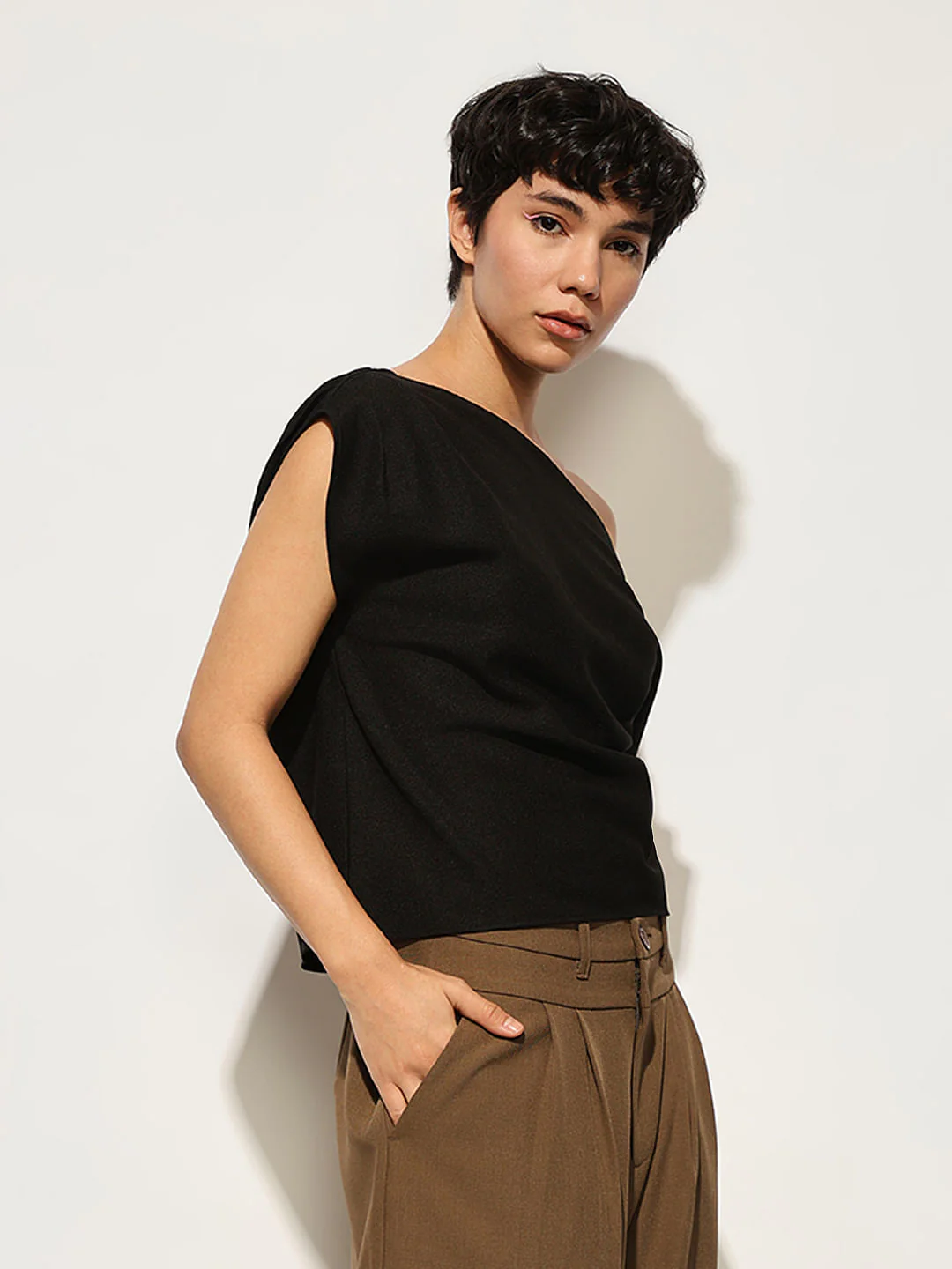Black Draped One Shoulder Top - Image 5