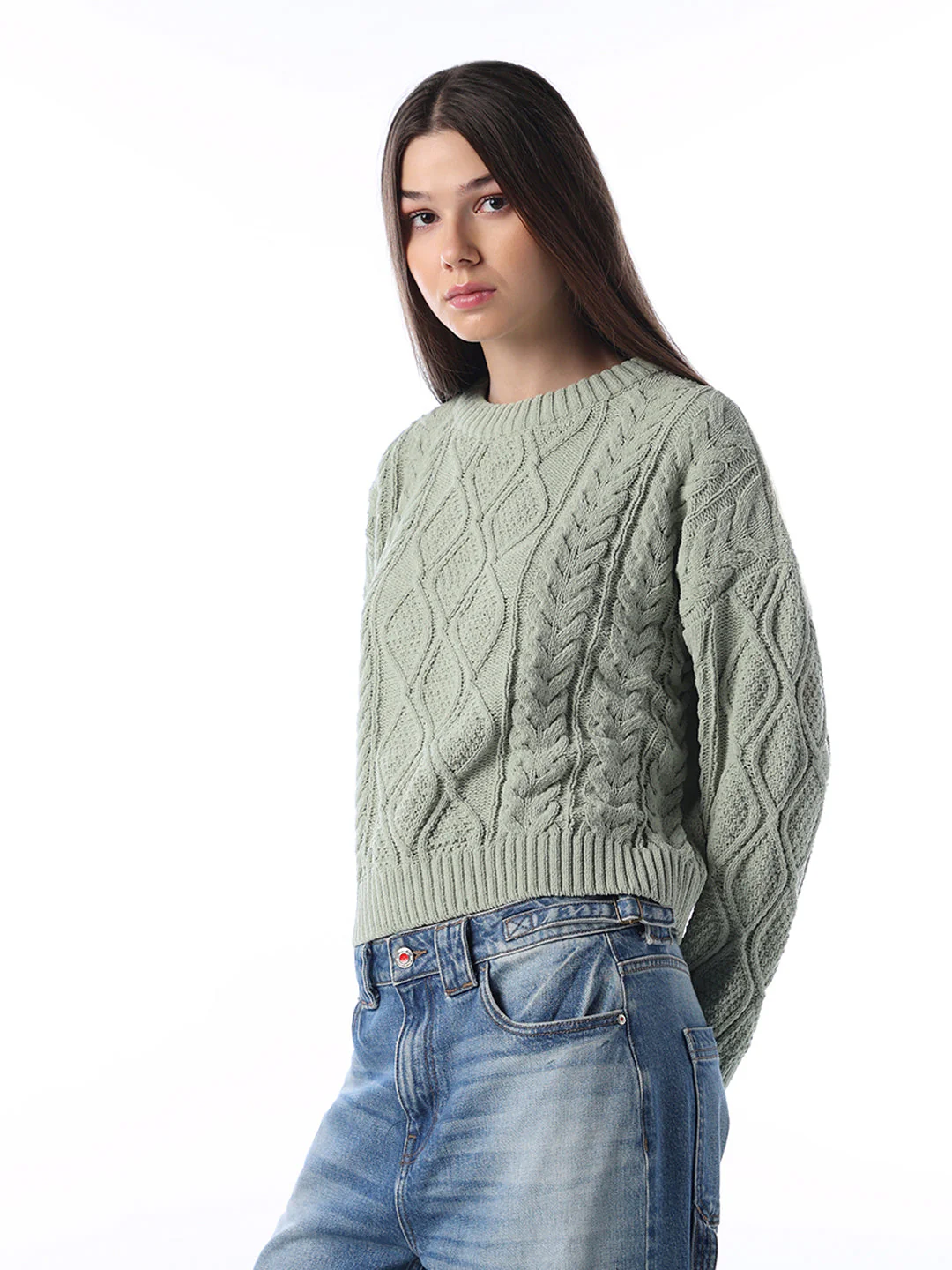 Green Cable Knit O-Neck Pullover - Image 5