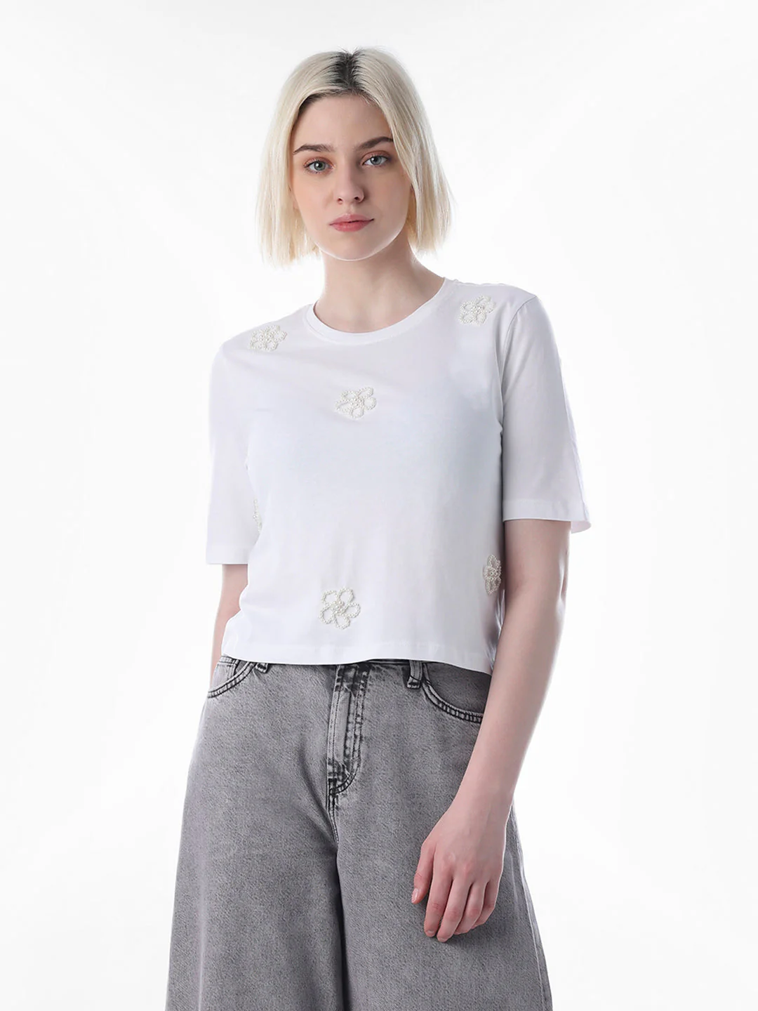 White Pearl Motif Cotton T-shirt - Image 3
