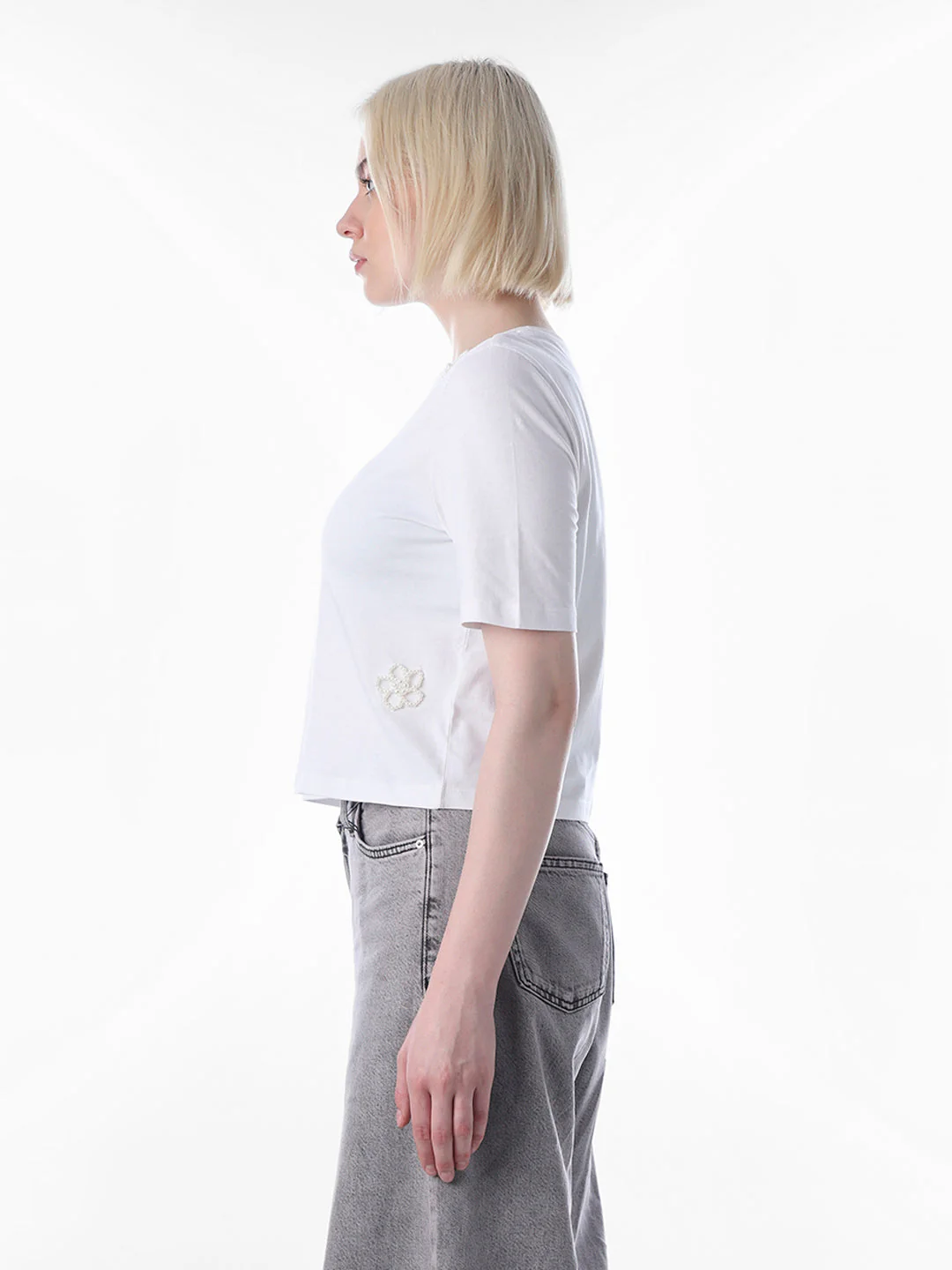 White Pearl Motif Cotton T-shirt - Image 5