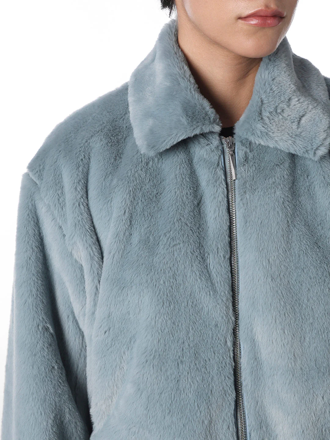 Blue Faux Fur Cropped Pile Jacket - Image 4