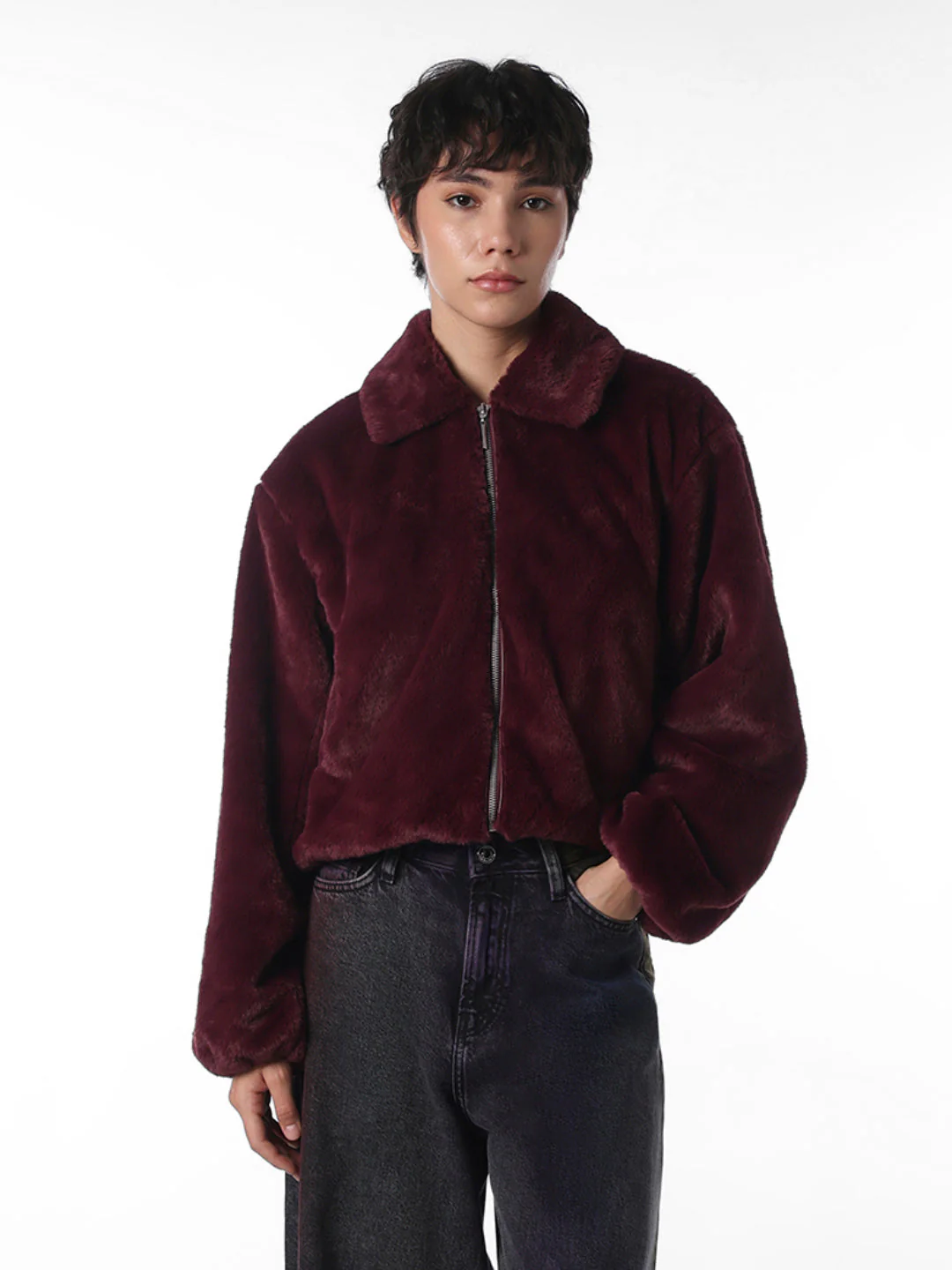 Maroon Faux Fur Cropped Pile Jacket - Image 4