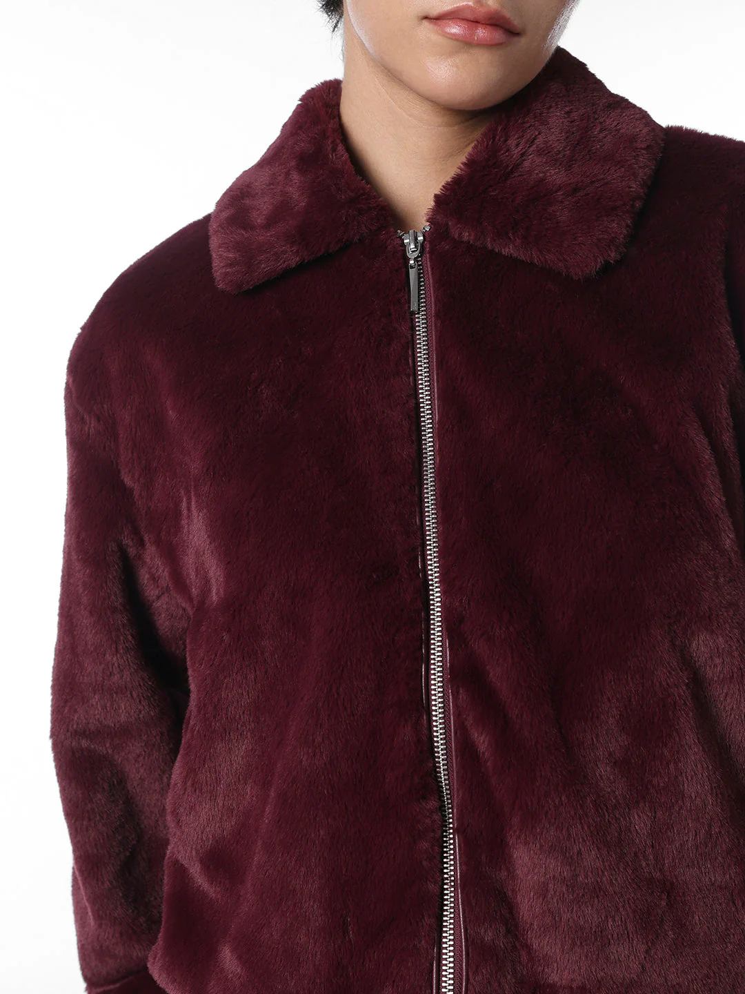 Maroon Faux Fur Cropped Pile Jacket - Image 5