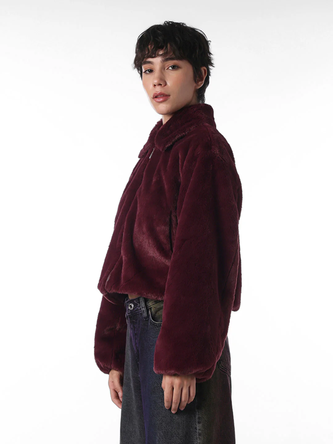 Maroon Faux Fur Cropped Pile Jacket - Image 6