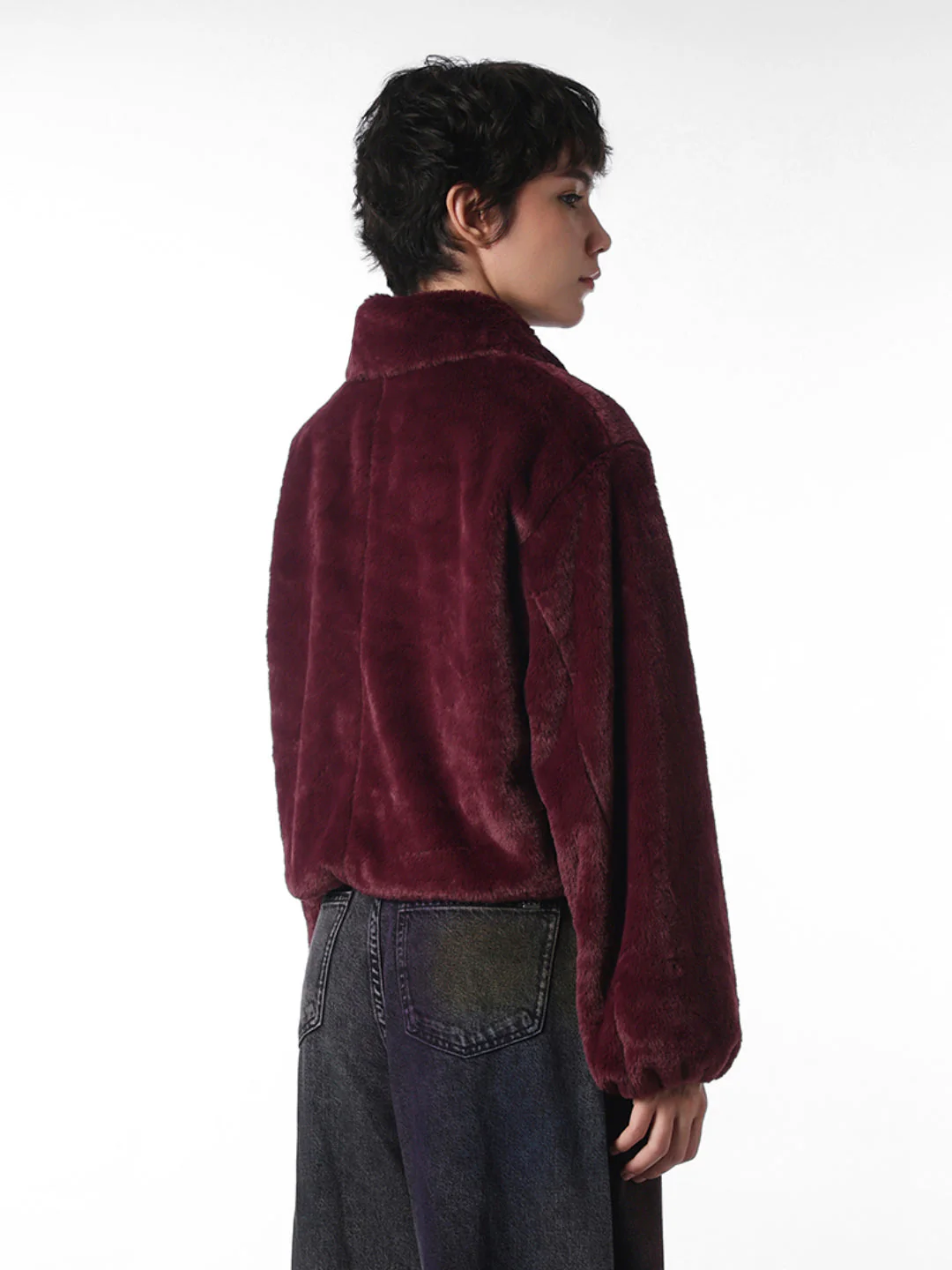 Maroon Faux Fur Cropped Pile Jacket - Image 7