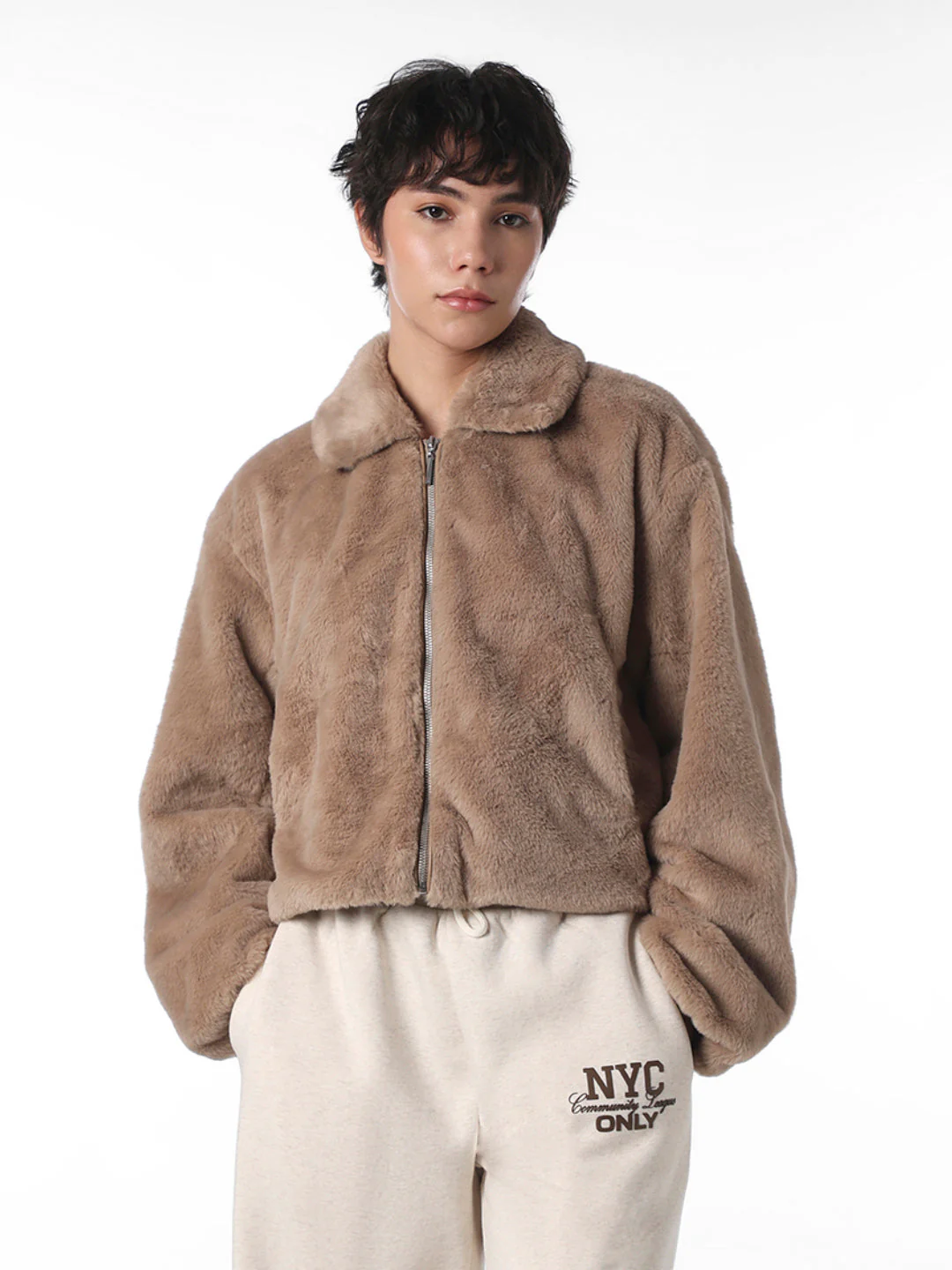 Brown Faux Fur Cropped Pile Jacket - Image 3