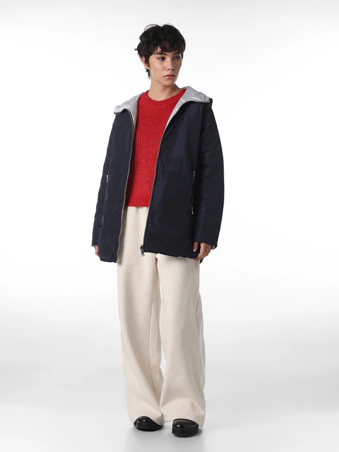 Navy Blue Long Reversible Puffer Jacket - Image 3