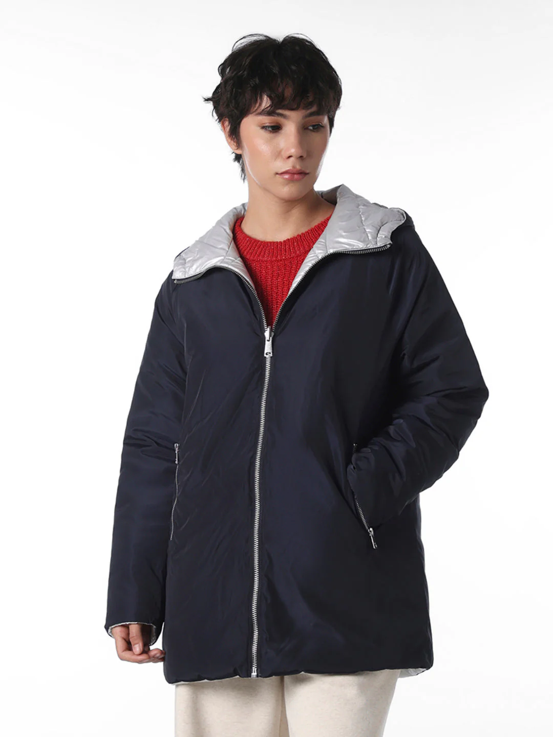Navy Blue Long Reversible Puffer Jacket - Image 4