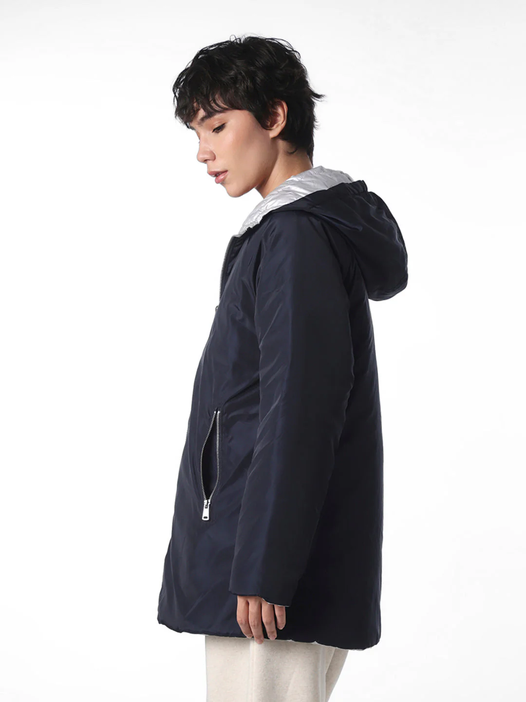 Navy Blue Long Reversible Puffer Jacket - Image 6