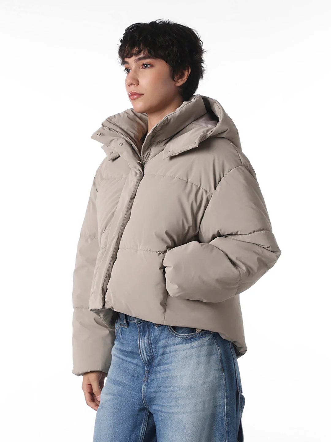 Grey Cropped Hooded Puffer Jacket - Image 6