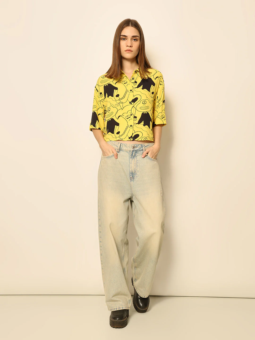 Dirty Pote Yellow Printed Cropped Shirt - Image 2