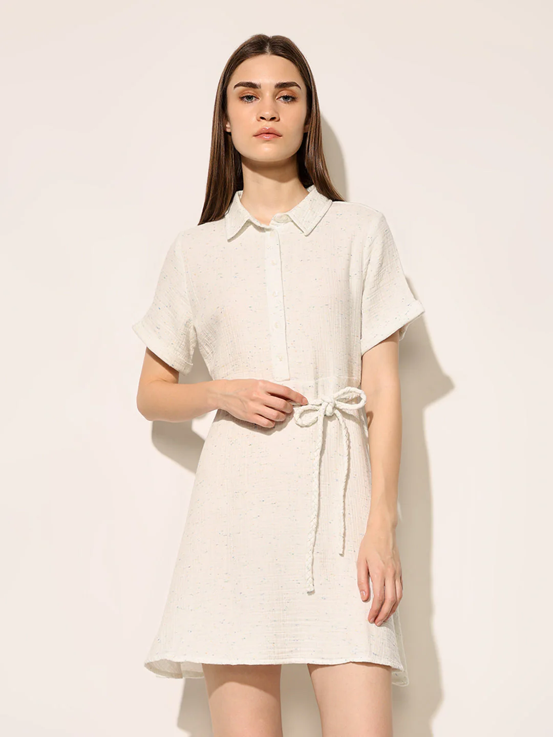 White Tie Belt Shirt Dress - Image 3