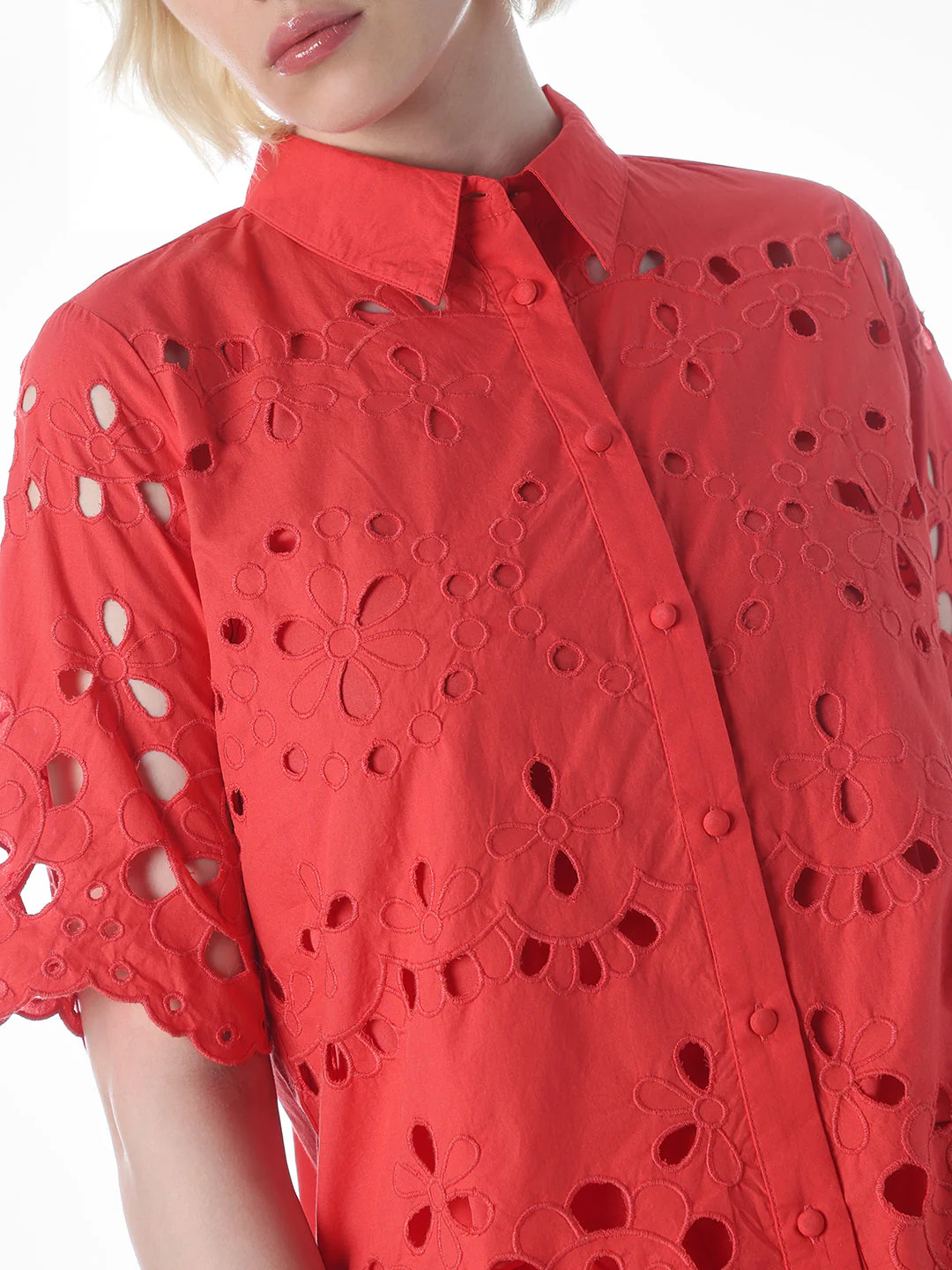 Red Cut-Work Cotton Shirt - Image 4