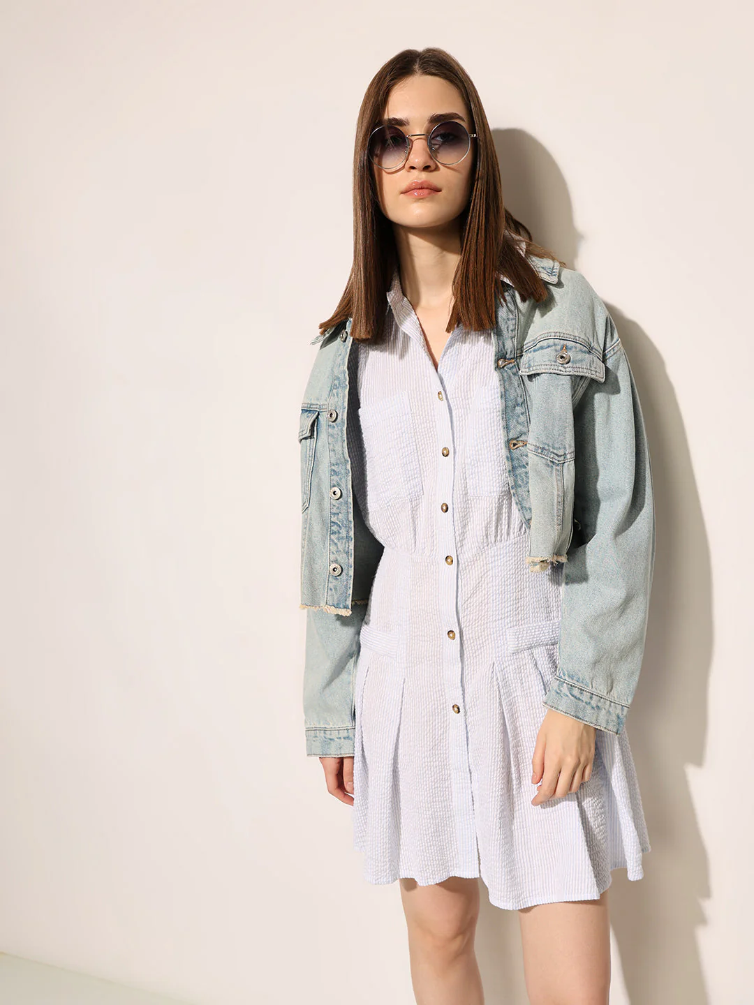White Cuffed Sleeves Shirt Dress