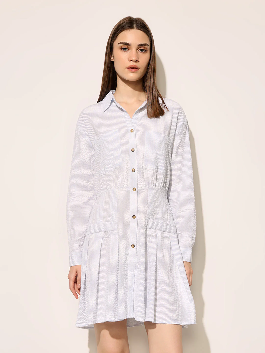 White Cuffed Sleeves Shirt Dress - Image 3