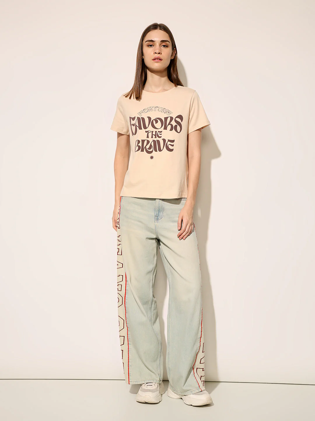 Beige Printed Cotton T-shirt - Image 2