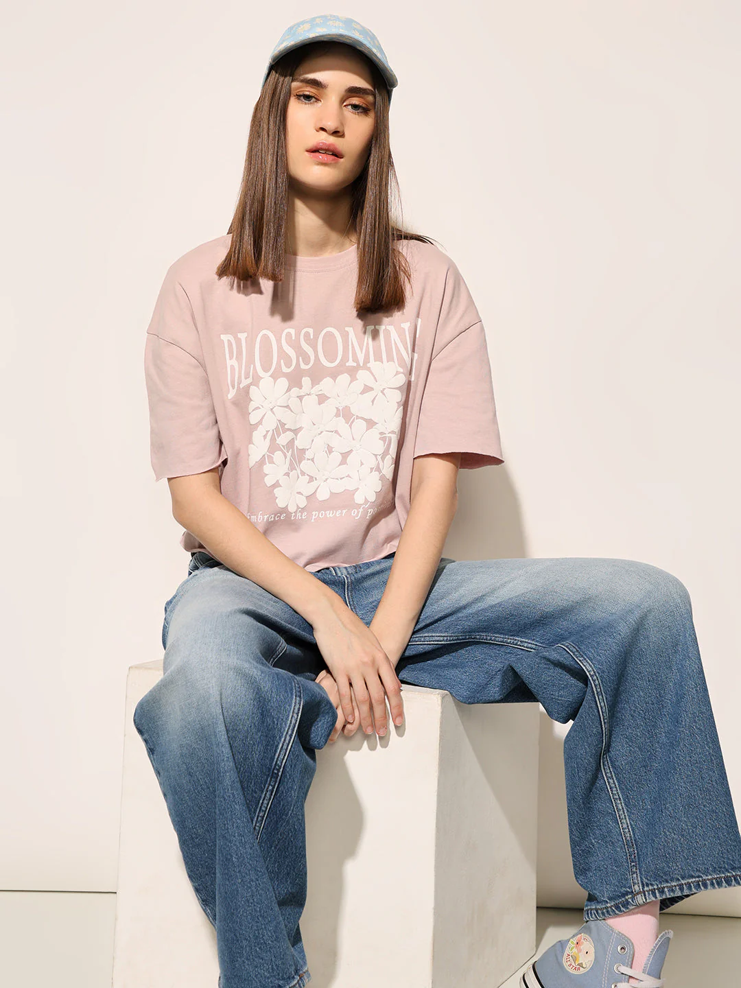 Beige Floral Motif Detail T-shirt